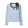 Cute Tie Bow Accent Contrast Color Long Sleeve
