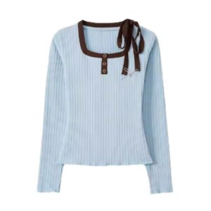 Cute Tie Bow Accent Contrast Color Long Sleeve